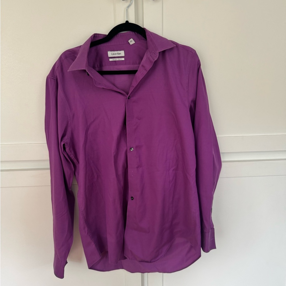 Calvin Klein 16 34/35 Mens Slim Fit Purple Long-Sleeve Button Up Dress Shirt